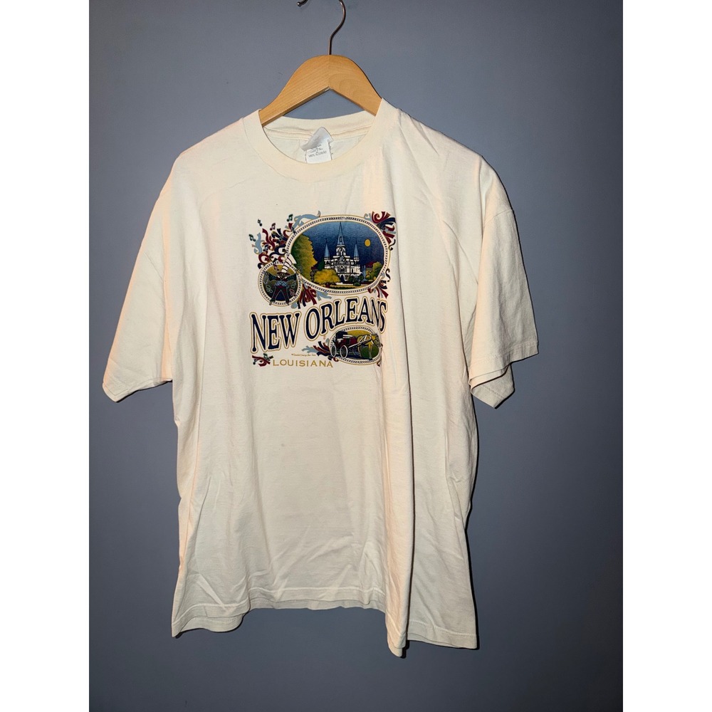 Vintage Jerzees New Orleans Louisiana Graphic T-Shirt‎ Cream Heavyweight Cotton